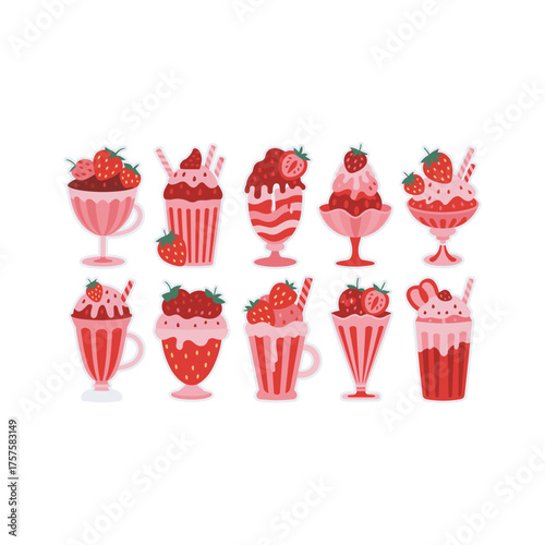 Sweet strawberry desserts collection featuring ice cream sundaes parfaits and milkshakes