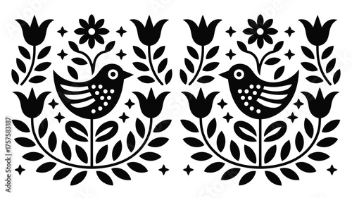 Two symmetrical birds with flowers and stars in a black and white folk art illustration style design on transparent background silhouette