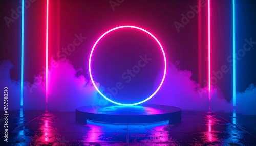 Futuristic product display podium with a glowing neon circle portal and vertical lights surrounded by smoke on a reflective floor