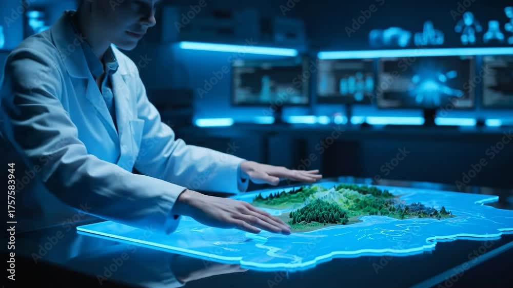 Futuristic Landscape Analysis - A scientist in a lab coat examines a 3D ...