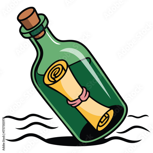bottle with note sea message doodle isolated vector illustration on white background
