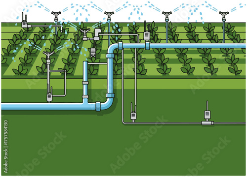 Automated Irrigation System Watering Crops, Green Fields, Flat Design