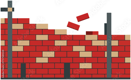 Brick Wall Construction Illustration with Falling Bricks and Supports