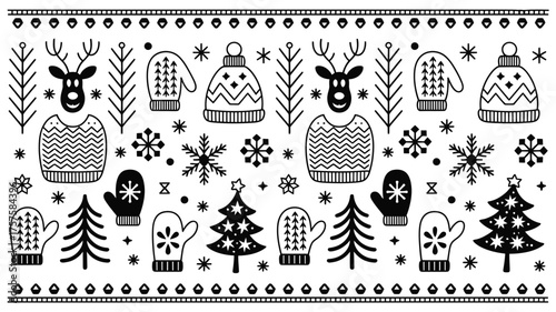 Black and white winter pattern with christmas trees reindeer snowflakes and winter clothing items on transparent background silhouette