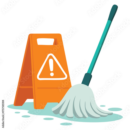 cleaning mop with warning floor sign icon isolated vector illustration on white background