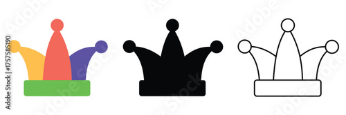 Jester Hat Vector Icon Set – Carnival, Comedy, and Entertainment Symbol in Flat, Line, and Solid Styles