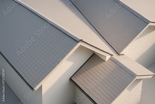 Geometric Architectural Roofscape: Tiled Roofs in Gray and White Minimalist Design