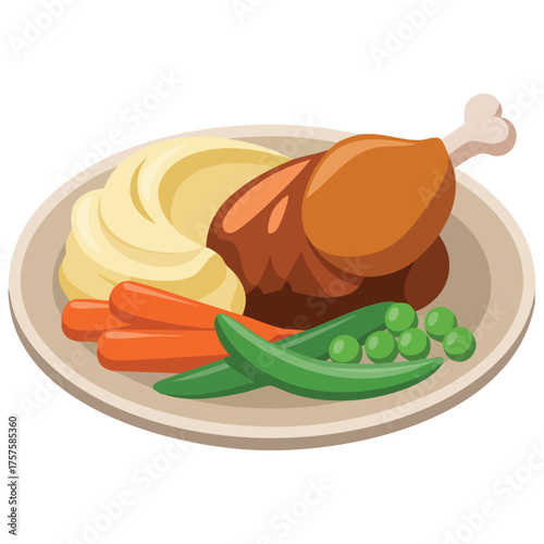 chicken plate with potato puree vegetables isolated vector illustration on white background