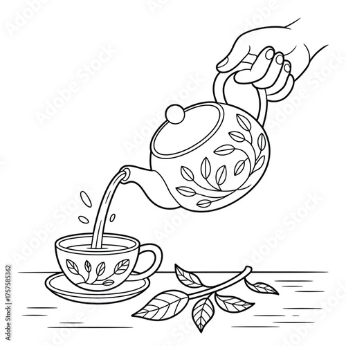 Hand pouring tea from ornate teapot into a decorative cup