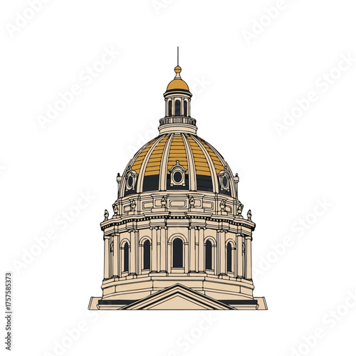 Elegant Architectural Dome, Building Illustration, Gold Detailing