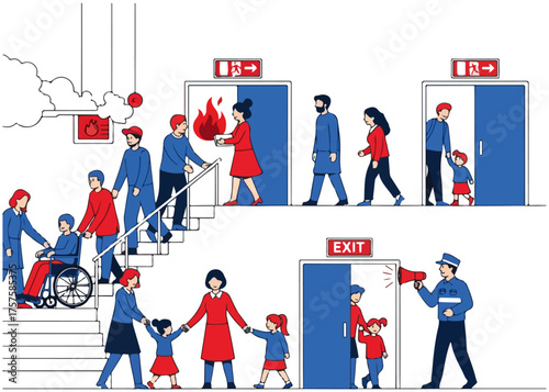 Emergency Evacuation Fire, People Exiting Doors, Rescue Scenario