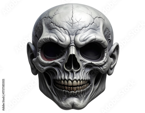 Creepy ghoul mask featuring deep hollow eye sockets, wrinkled gray skin texture, and realistic shadows. Studio-lit, cleanly cut out on transparent background