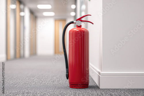 A red fire extinguisher stands in a corridor, emphasizing safety in a modern office environment.