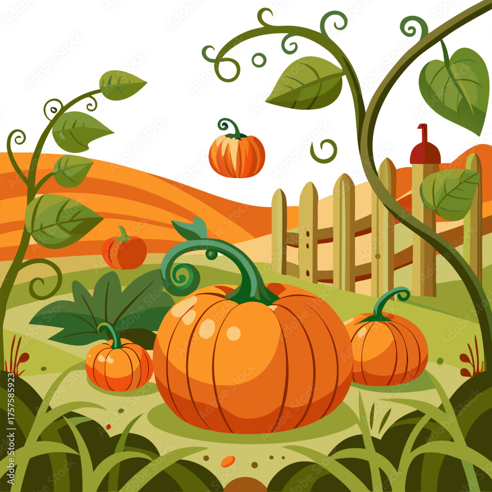 Pumpkin garden with vines and leaves