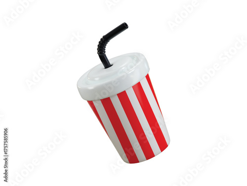Paper beverage cup icon 3d render concept of white striped paper cardboard cups for soda cola soft drinks with tube straw top side fast food beverage icon vector illustration