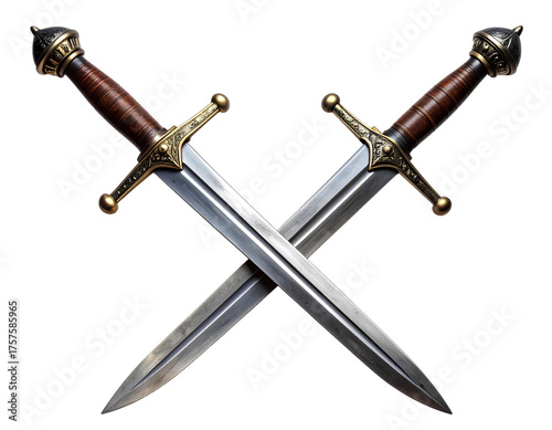 Dramatic close-up of two medieval swords crossed at the blades, sharp metallic reflections, intricate hilt details, isolated on transparent background