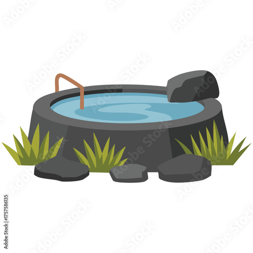 Japanese outdoor onsen hot spring pool rocks vector illustration