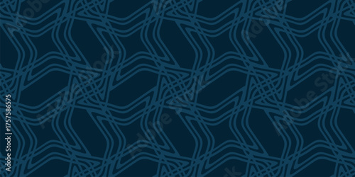 Vector seamless pattern with unusual star mesh and quirky linear lattice. Dark blue texture with flowing outline waves, curved grid net design. Elegant abstract background for interior, print, decor
