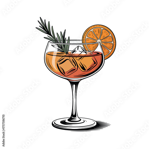 Hand drawn cocktail with orange slice and rosemary garnish