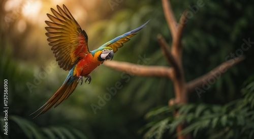 Colorful macaw parrot in full flight with wings spread. Vibrant tropical bird in a lush jungle setting. Wildlife in nature with copy space