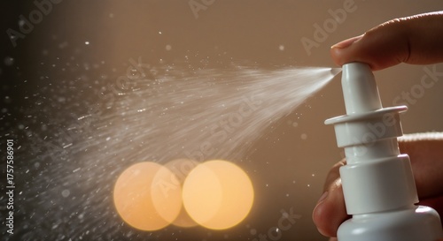 A hand using a nasal spray for allergy and cold relief. Close-up of medication mist spraying from a white bottle for sinus treatment