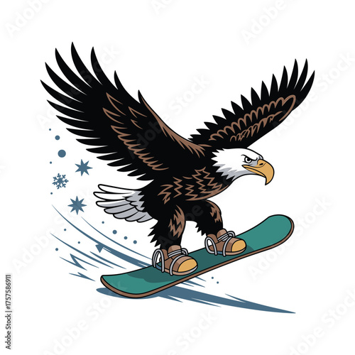 Majestic bald eagle soaring on a snowboard with snowflakes in dynamic motion