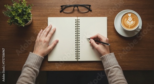 Woman writing in a blank notebook at a wooden desk with coffee and glasses. Top view flat lay of a workspace for journaling, planning, or studying.