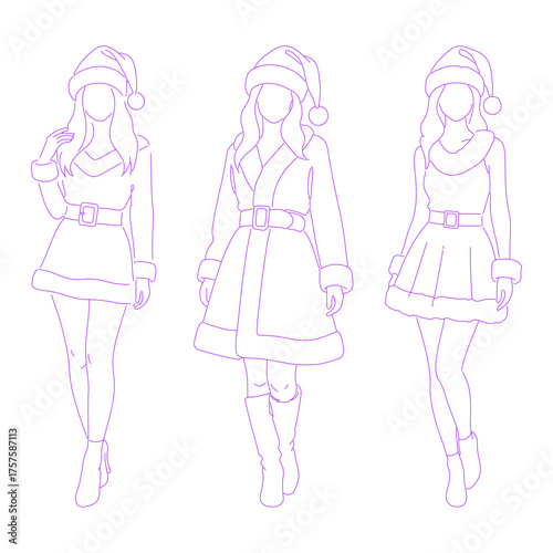 Line art illustration of a woman wearing a Santa outfit