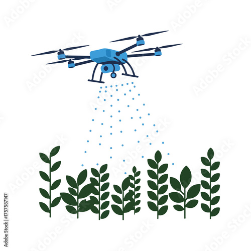 Modern Agricultural Drone Spraying Crops with Blue Liquid