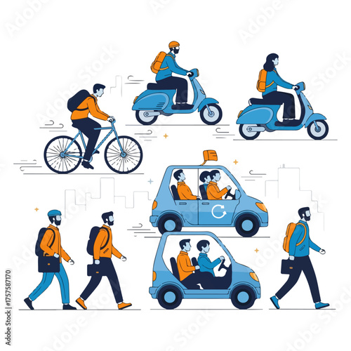 Modern Transportation and Delivery Scooter, Bike, Car, Walking Illustration