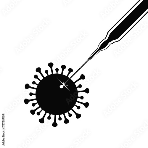 Syringe needle piercing a stylized virus particle silhouette