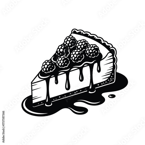 Black and white illustration of a slice of cheesecake with berries and chocolate sauce