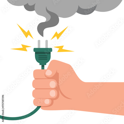 Bare hand holding faulty power cord with exposed wires