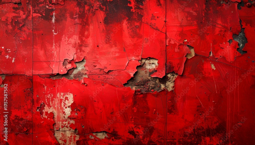 Fototapeta premium Abstract background of a weathered red surface with cracked and peeling paint, revealing a rustic and grunge texture