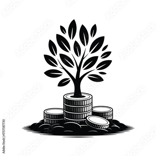 Tree growing from stack of coins symbolizing financial growth