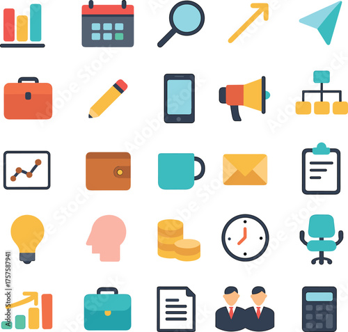 Colorful business icons grid, productivity and office tools, vector illustration for apps, presentations, charts, communication, finance, and workflow design