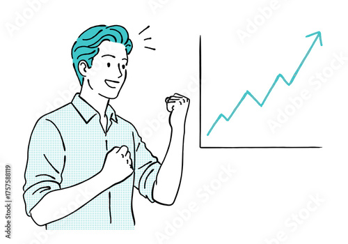 右肩上がりのグラフを見て喜ぶ男性ビジネスマンの線画イラスト,成功,業績アップ,ガッツポーズ,目標達成