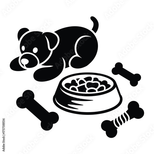 Cute black dog puppy with food bowl and bones