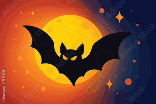 Flying bat silhouette, full moon night scene, spooky Halloween vector, vibrant dusk sky, dramatic cartoon illustration, stars and celestial elements