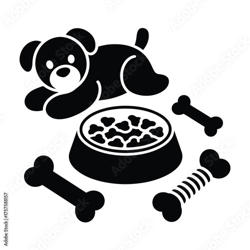 Cute black silhouette of a puppy with food bowl and bones