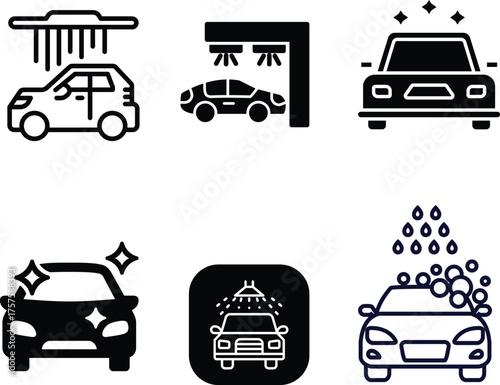 Professional auto car detailer icons set. Vector illustrations of auto car detailing services of car wash, polishing, cleaning, waxing, repainting, ceramic coating, and paint protection film. symbol