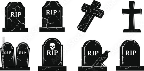 Gravestone silhouette set, RIP tombstone icons, cracked cemetery clipart, spooky grave markers, Halloween death symbols, gothic burial vector art