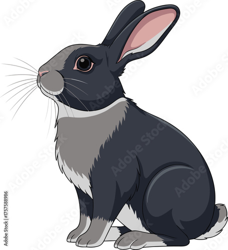 Charming illustration of a domesticated rabbit with dark fur and grey markings, attentively seated, embodying a gentle and serene presence, ideal for various creative projects