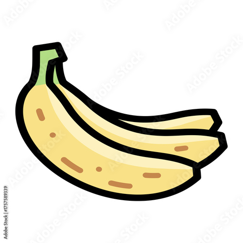 A minimalist modern vector icon of a banana bunch, using pale yellow, soft brown, and light green hues, isolated on a solid white background.