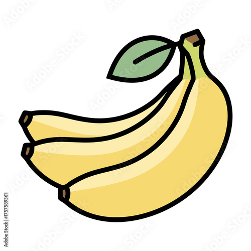 A minimalist modern vector icon of a banana bunch, using soft yellow, beige tan, and muted green hues, isolated on a solid white background.