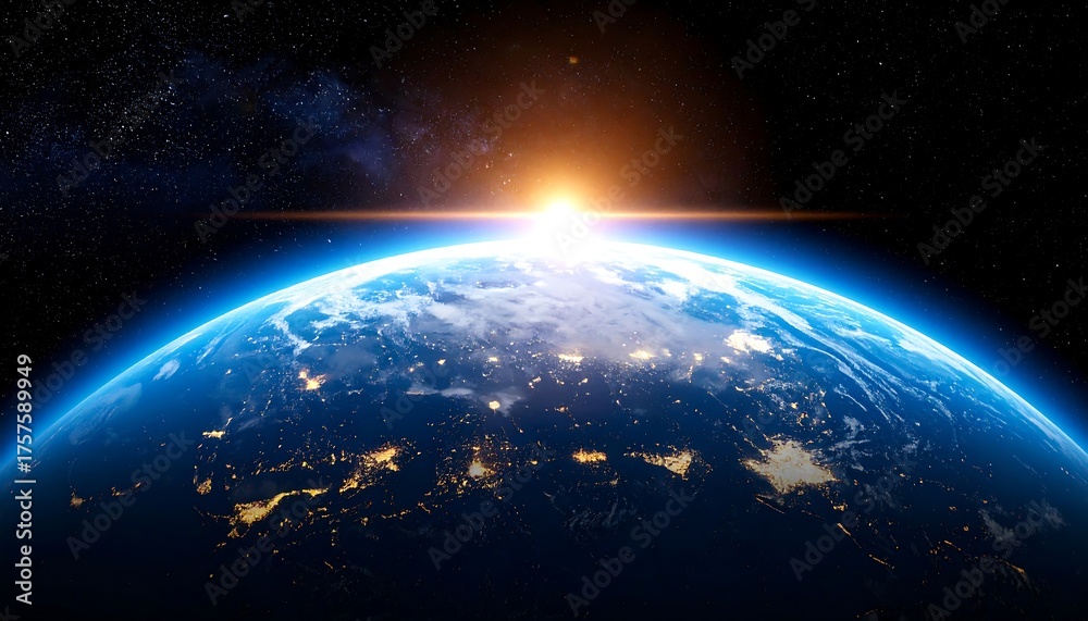 Obraz premium Shining light over curved Earth, with bright city lights glowing in the darkness, view from space, galaxy background