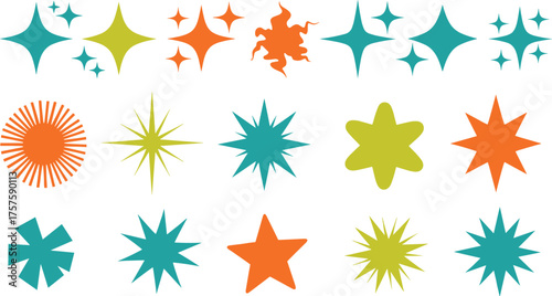 Vector illustration set of colorful retro star shapes, mid-century modern sparkles, and vintage atomic starburst icons isolated on a white background