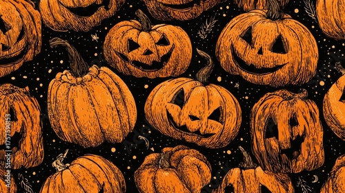 Halloween seamless pattern with carved pumpkins