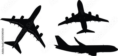 Silhouettes of commercial airplanes in flight, illustrating air travel and aviation
