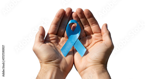 Close-up shows a person's hands holding and offering a light blue ribbon against a transparent background.